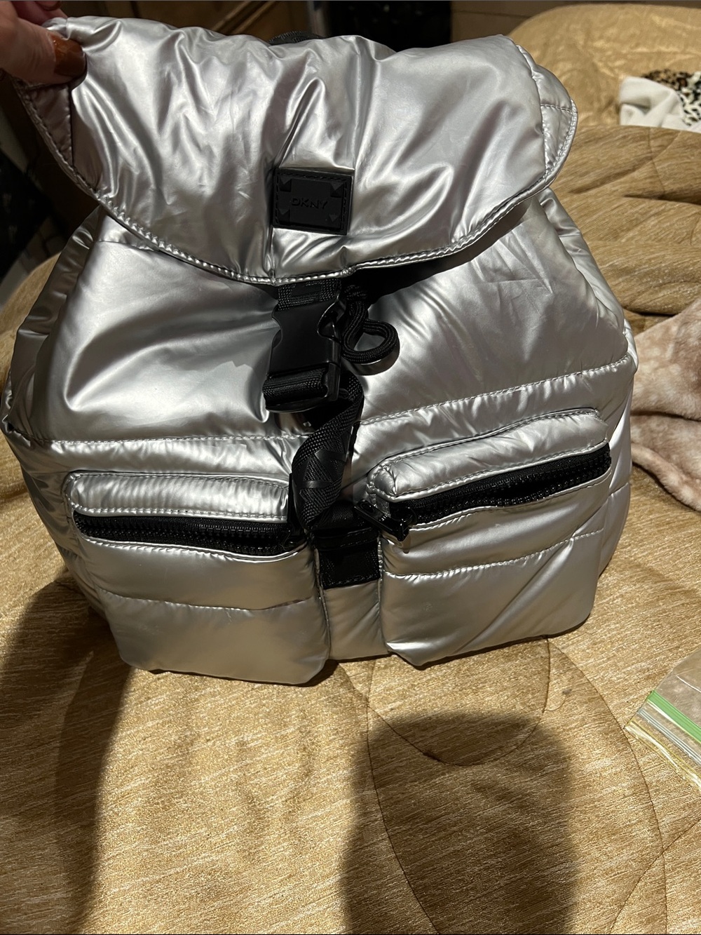 DKNY Metallic Silver Puffer Backpack